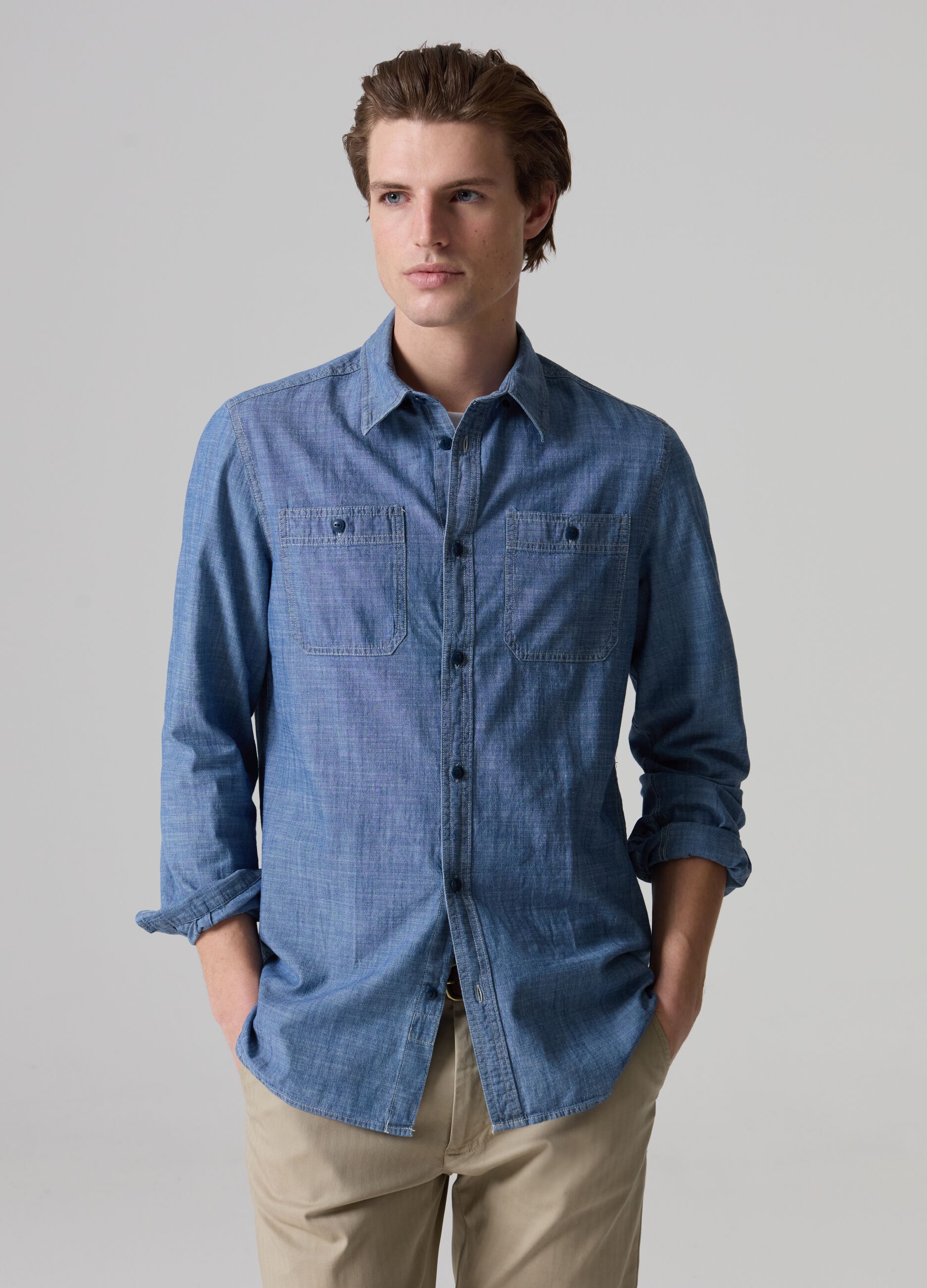 Chambray cotton shirt with pockets