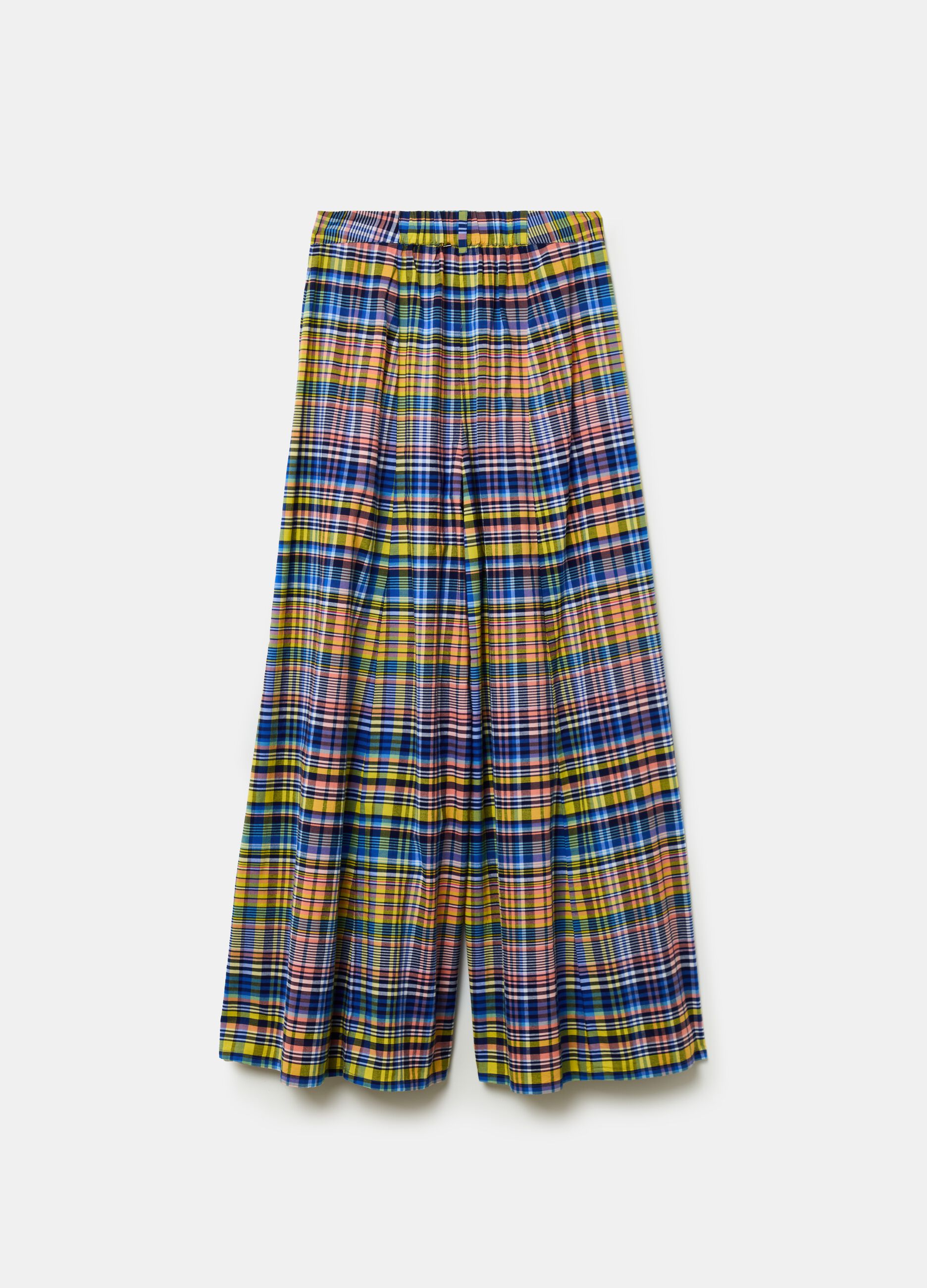 Pantalón flare fit wide leg estampado cuadros