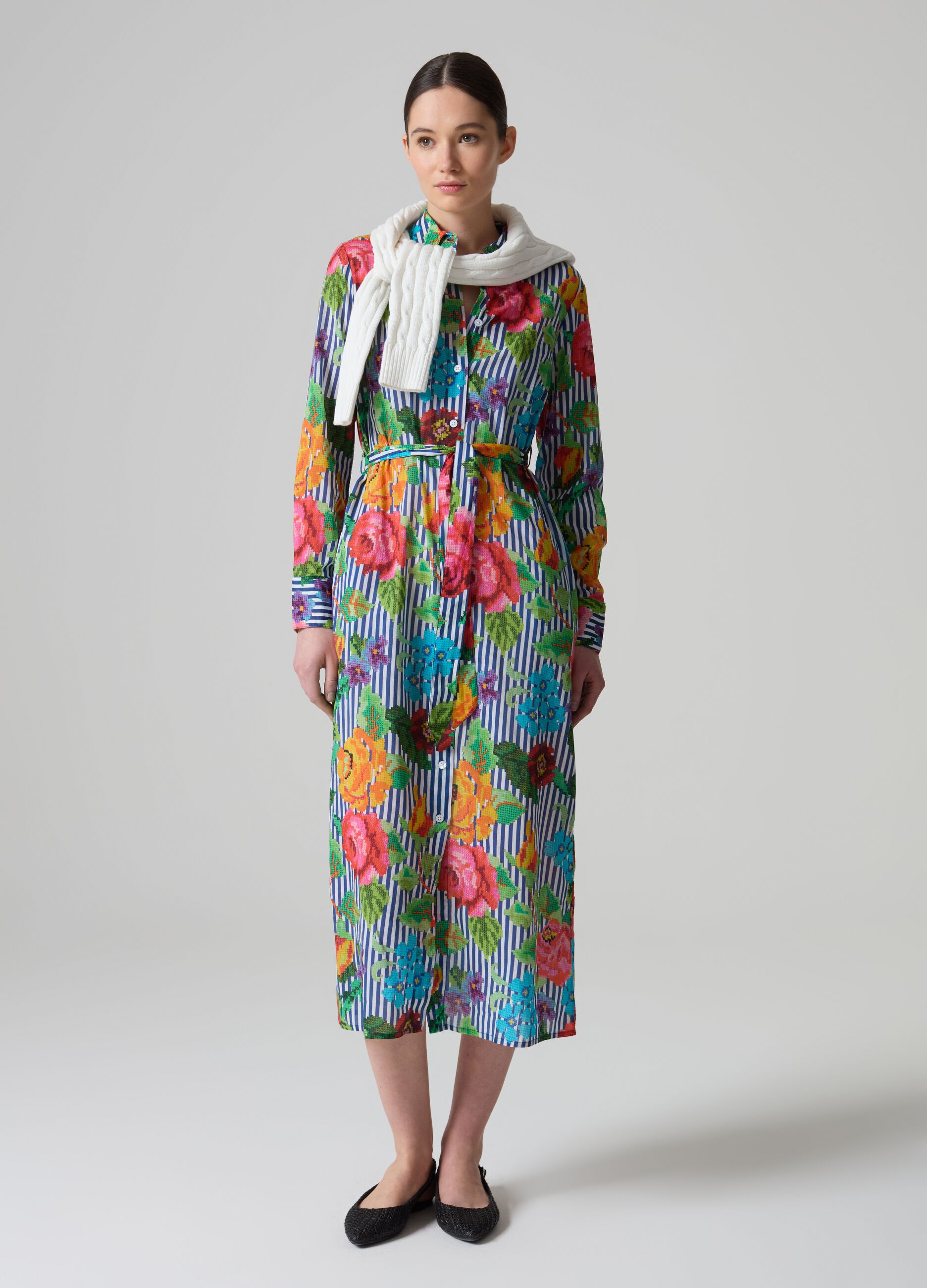 Striped shirt dress with flowers design_0