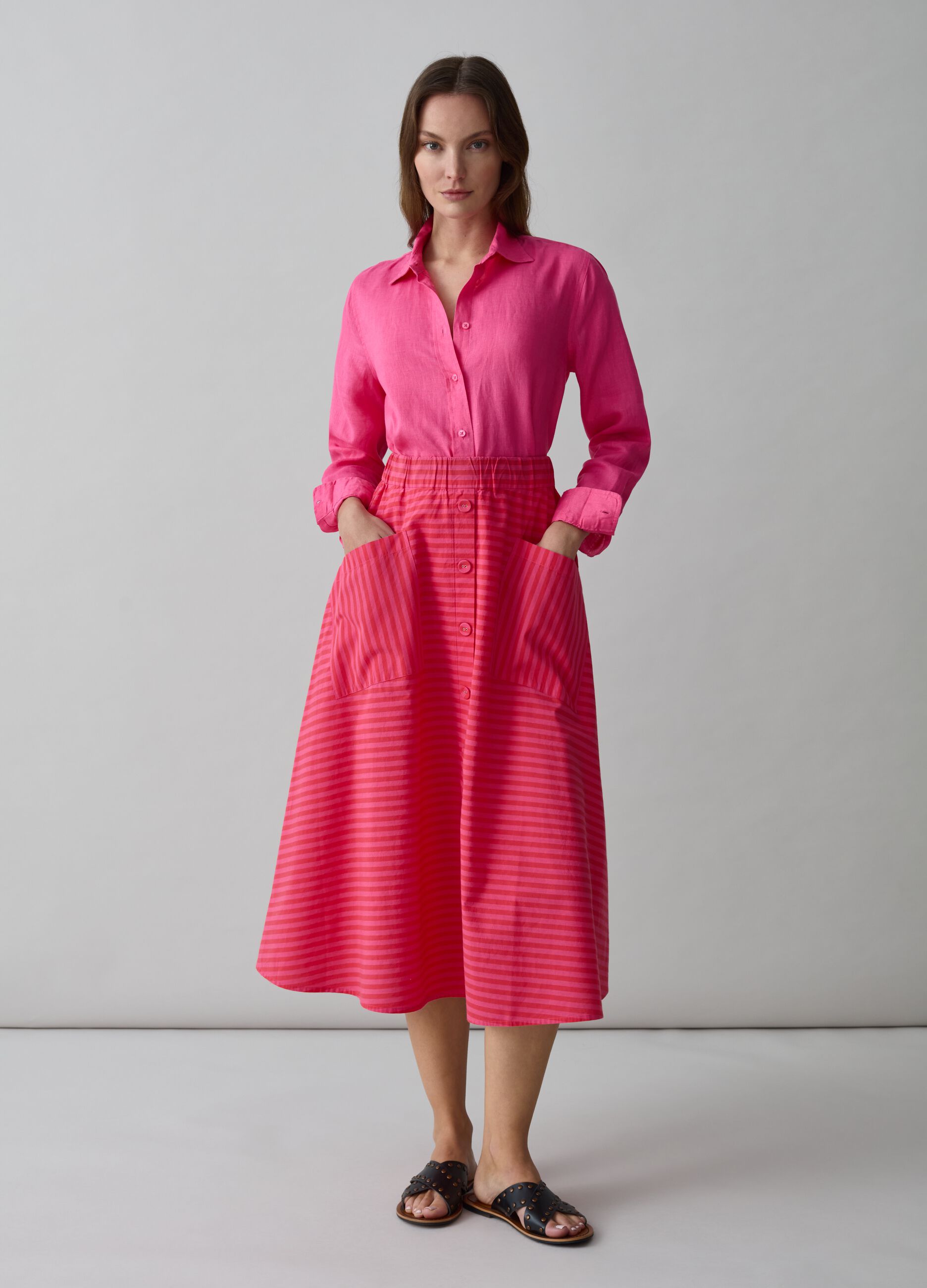 Midi full skirt with striped print