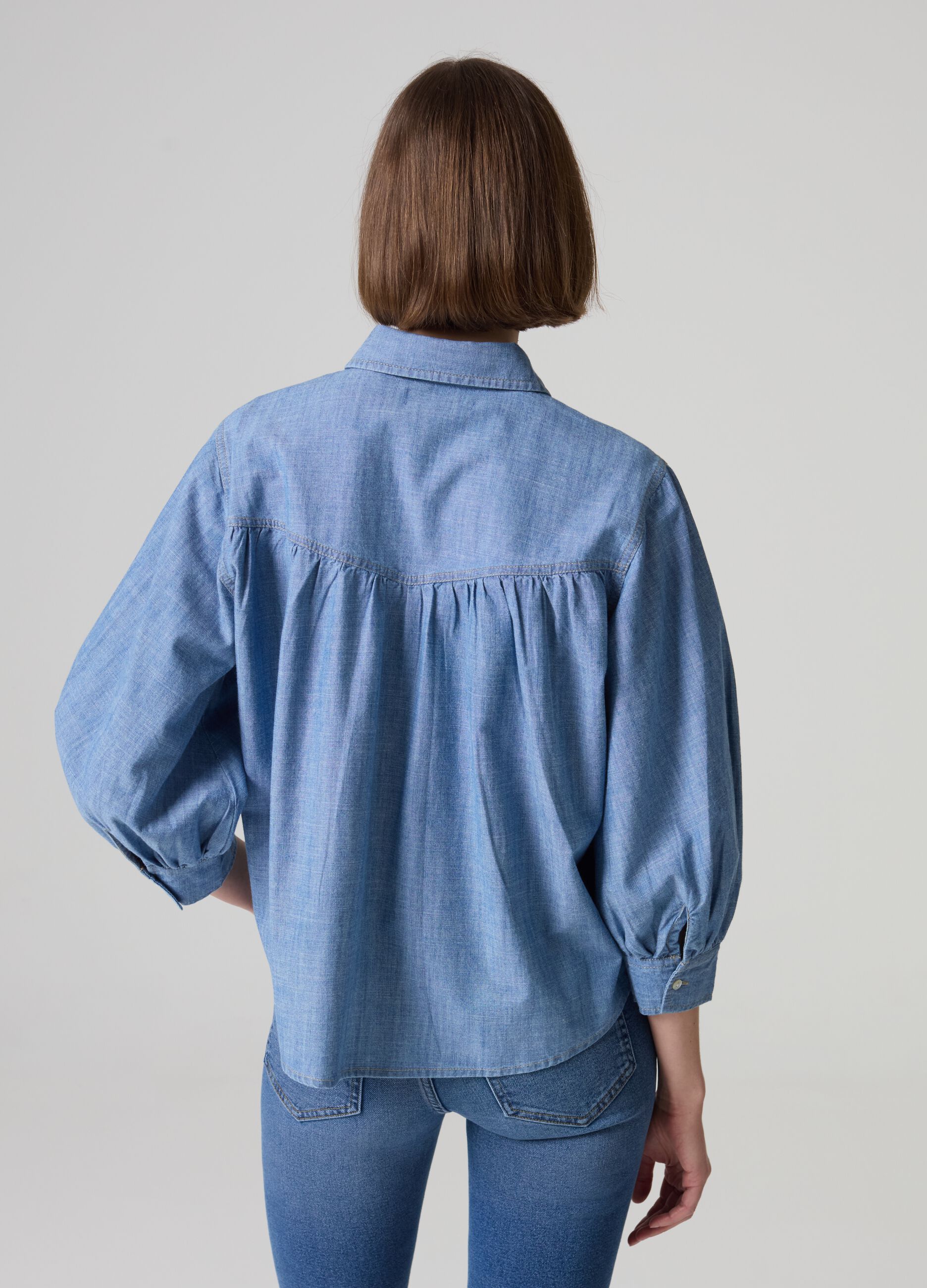 Fluid denim shirt with puff sleeves