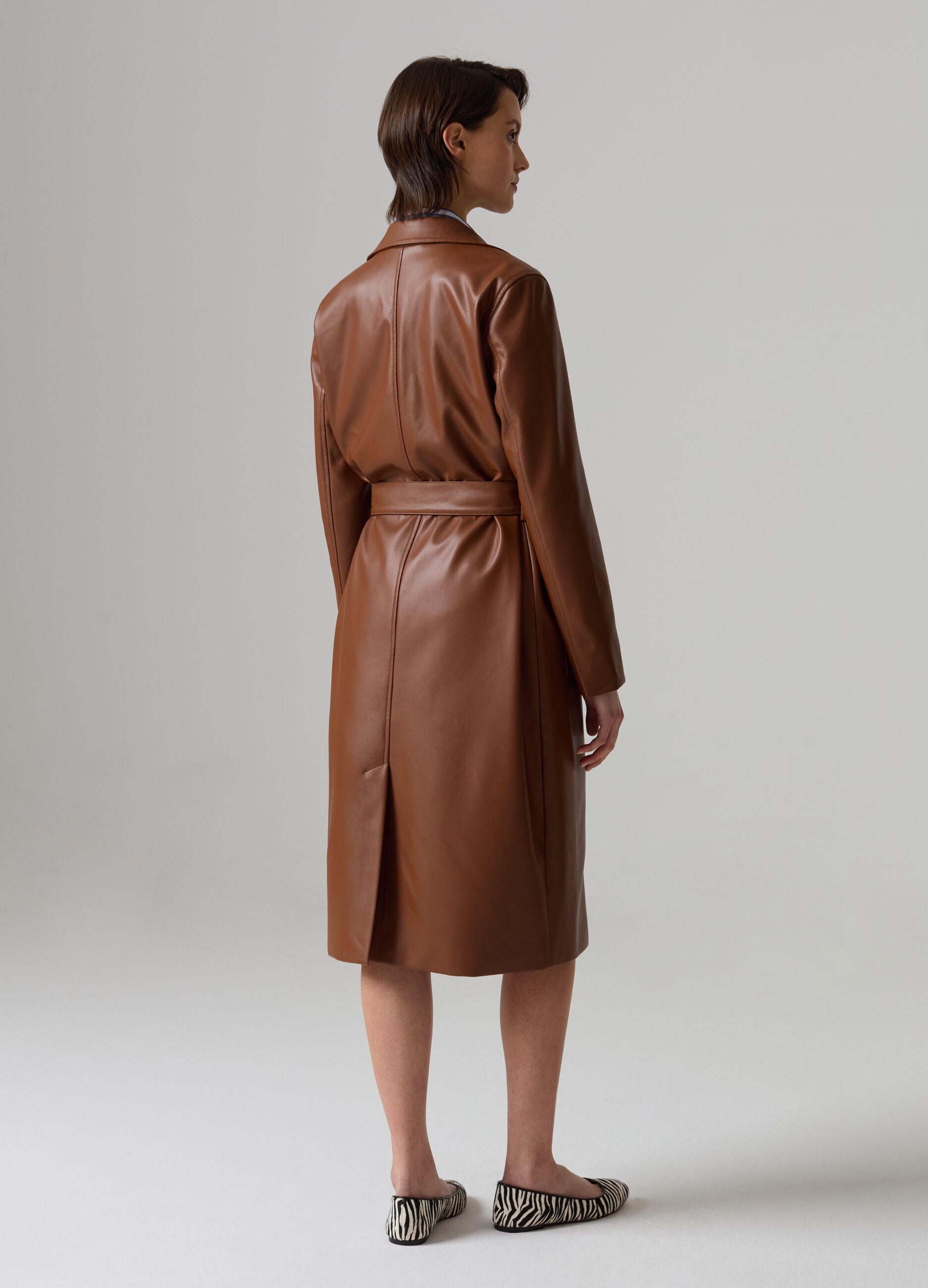 Long glossy-effect trench coat with belt