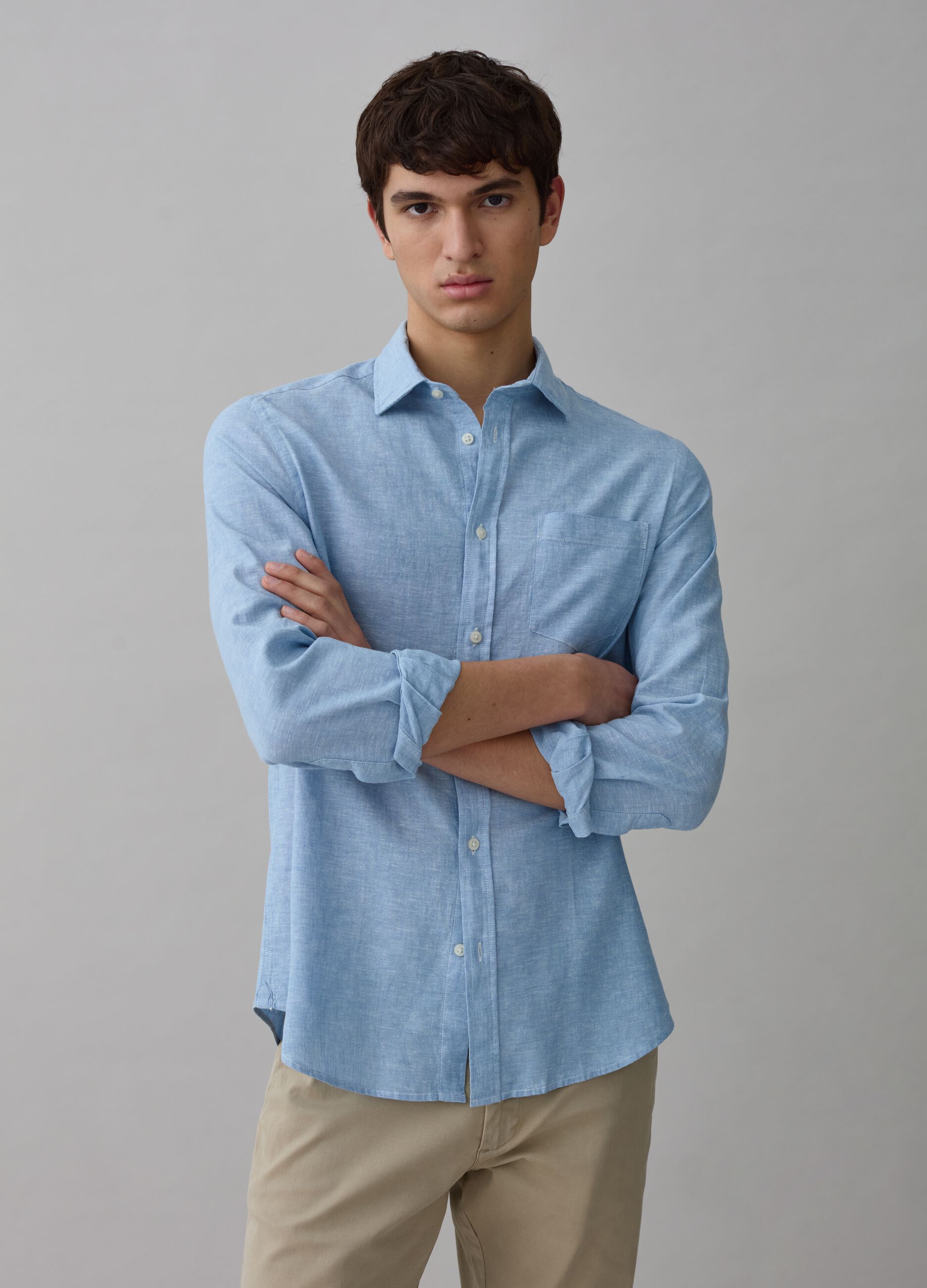 Camisa de lino y algodón chambray_0