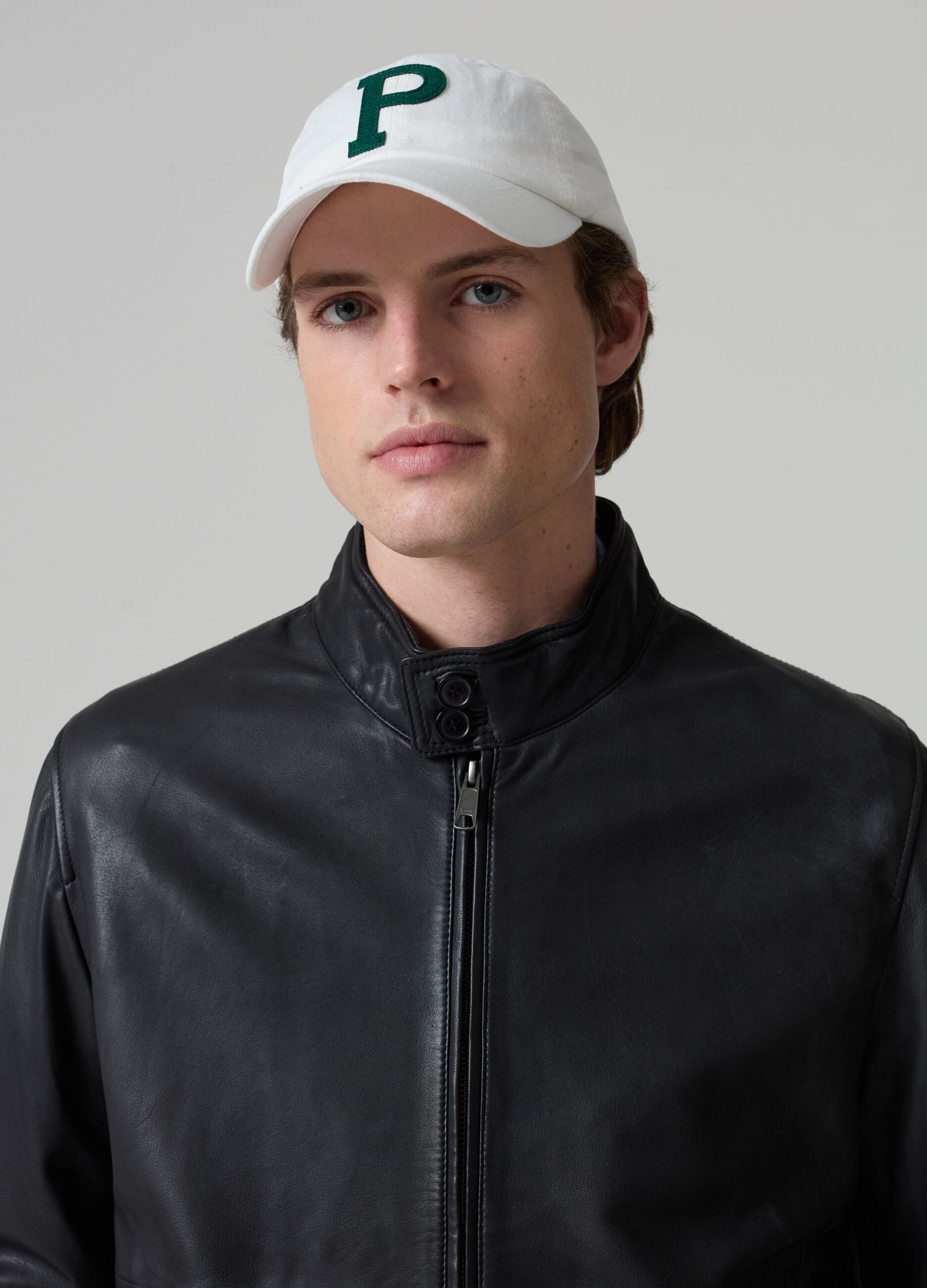 Leather bomber jacket with high neck
