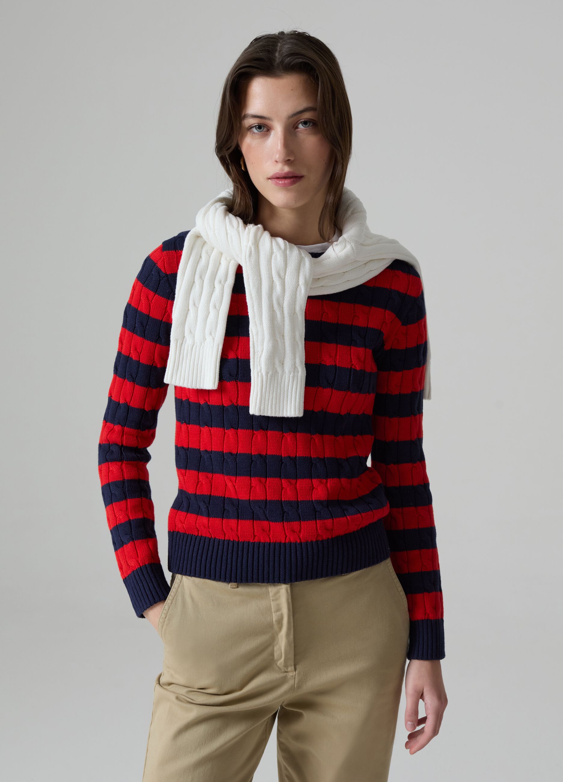 Striped pullover with cable-knit design_0