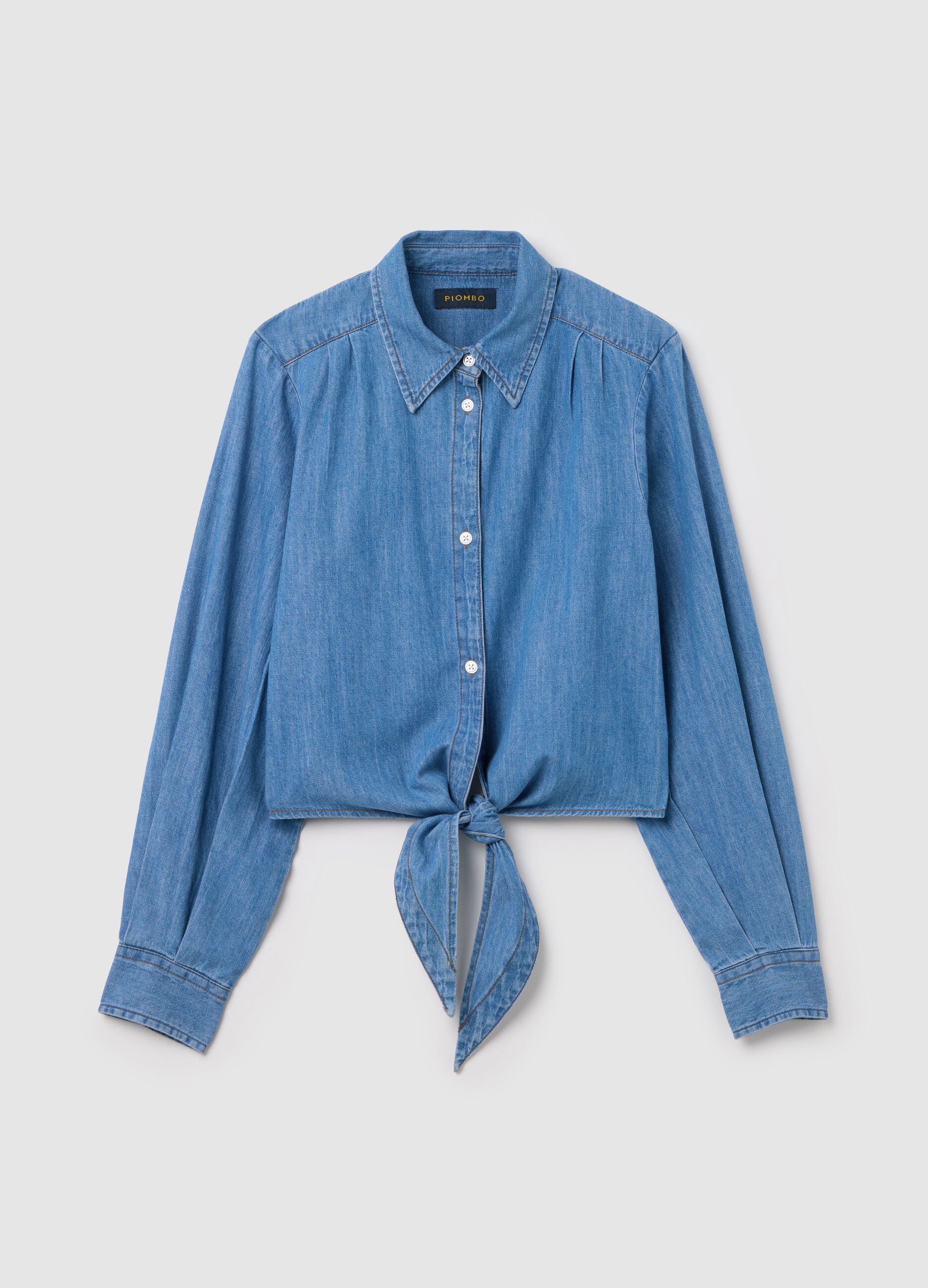 Blue denim shirt with knot