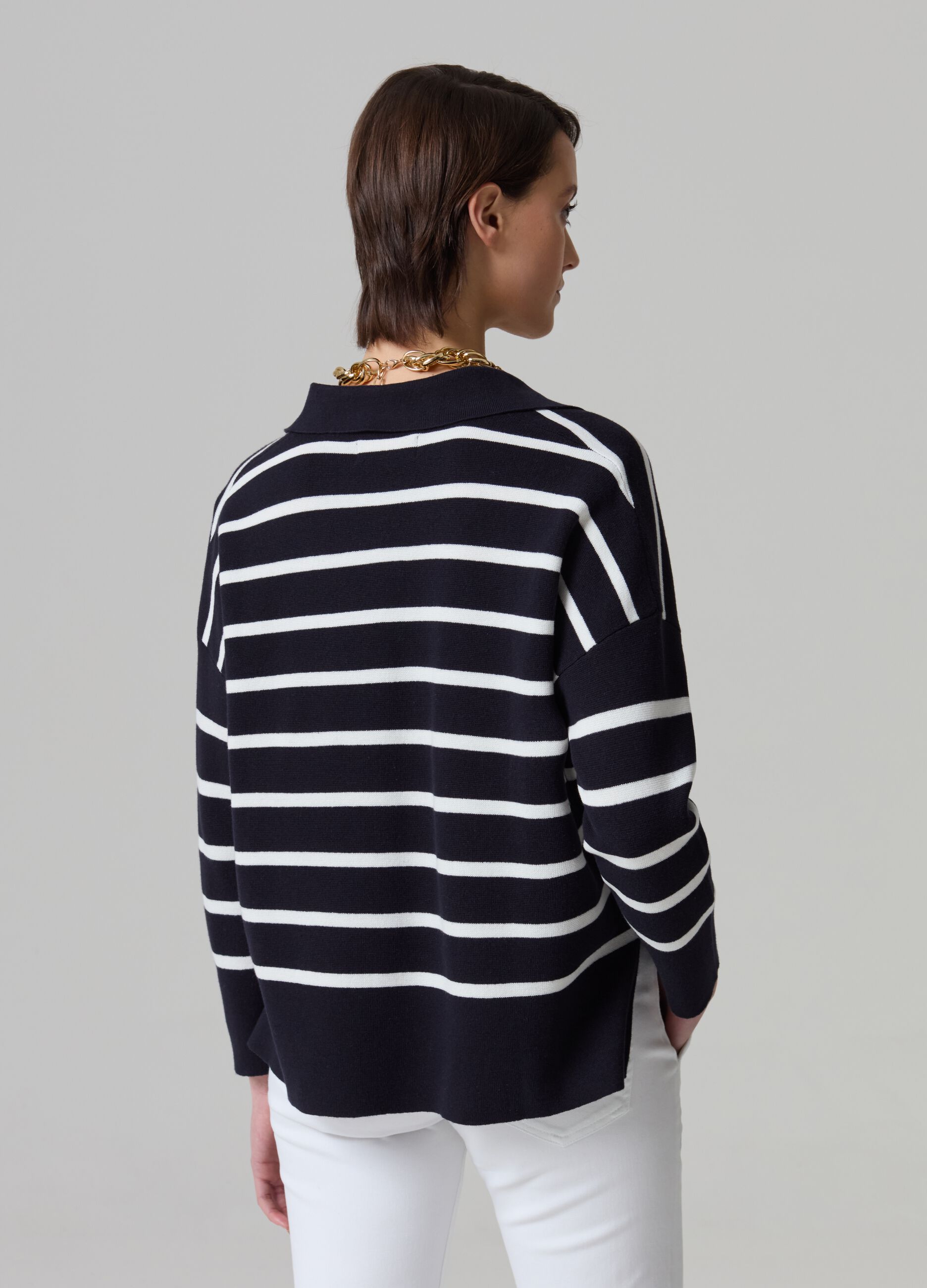 Striped oversized top with polo neck