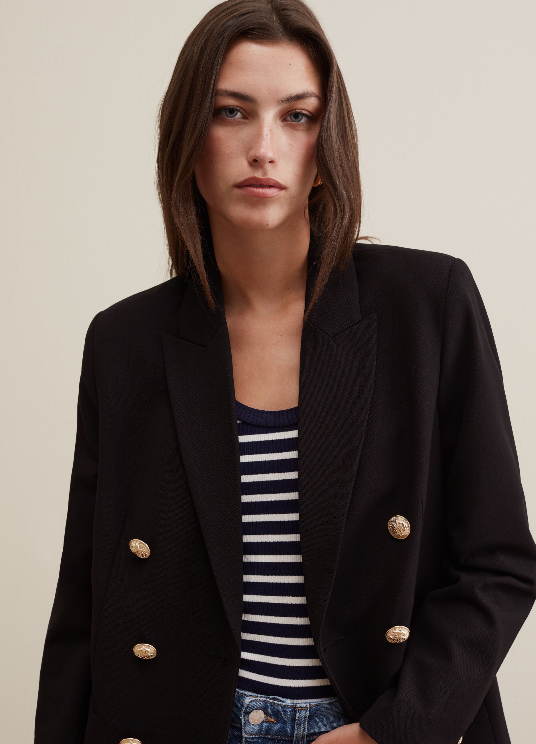 Women's black double breasted blazer with gold buttons clearance