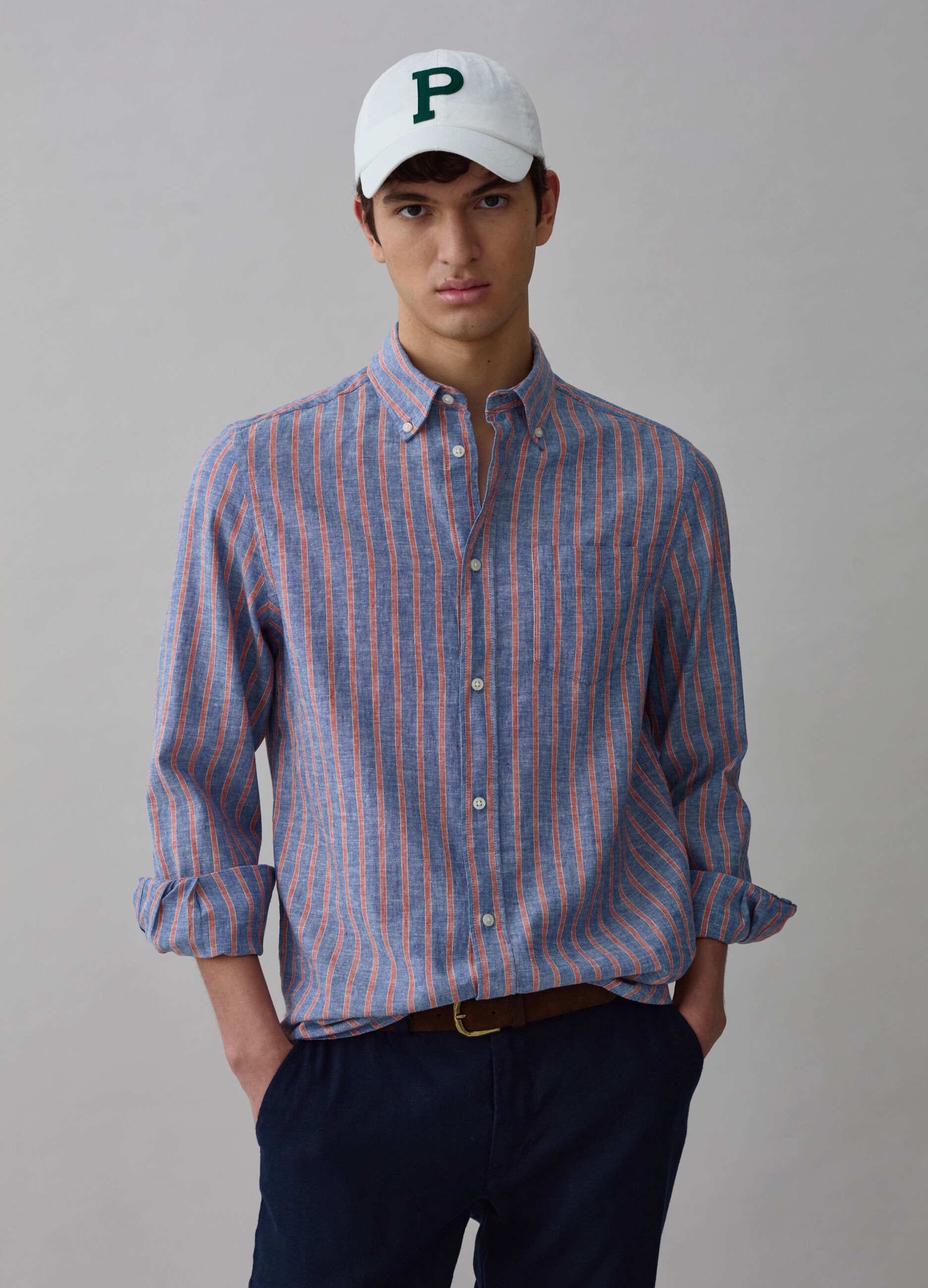 Camisa de rayas en mezcla de lino y algodón_0