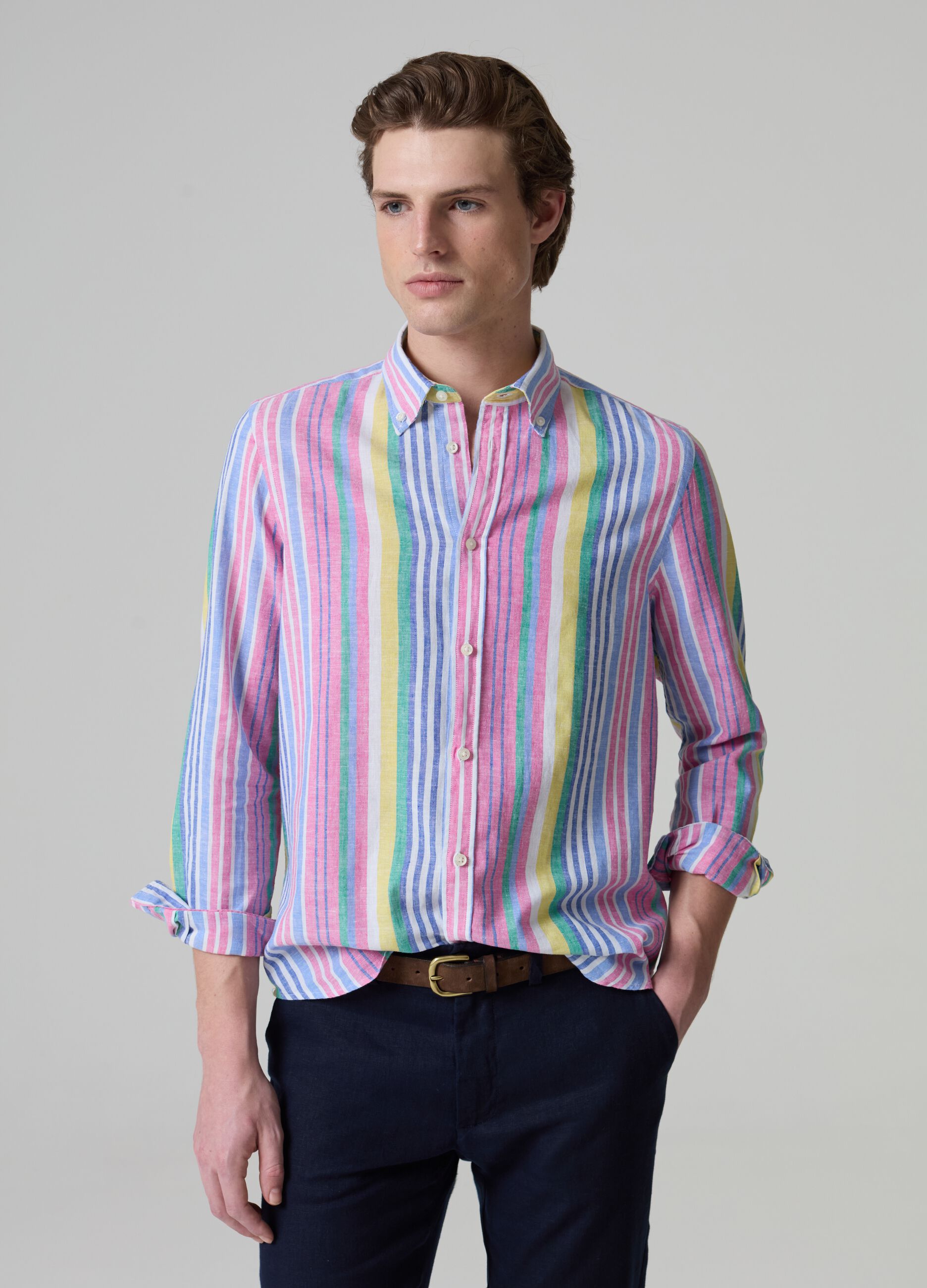 Linen and cotton shirt with multicoloured stripes_0