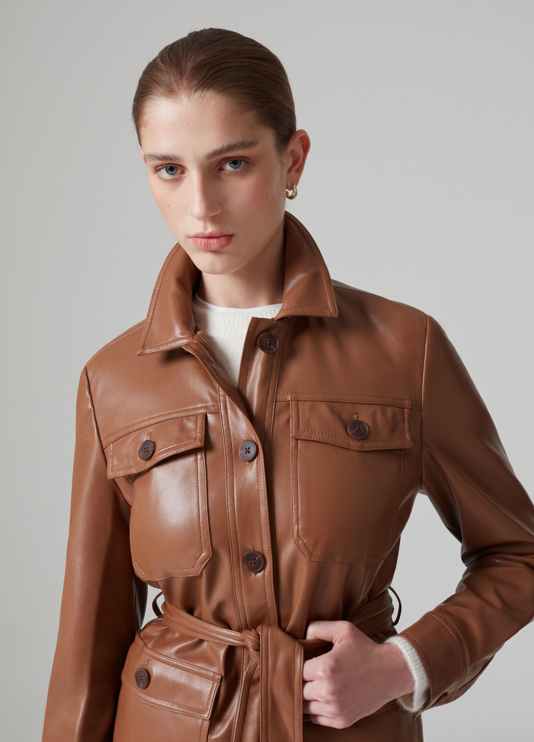 Woman's Leather Brown Short jacket with shiny effect PIOMBO