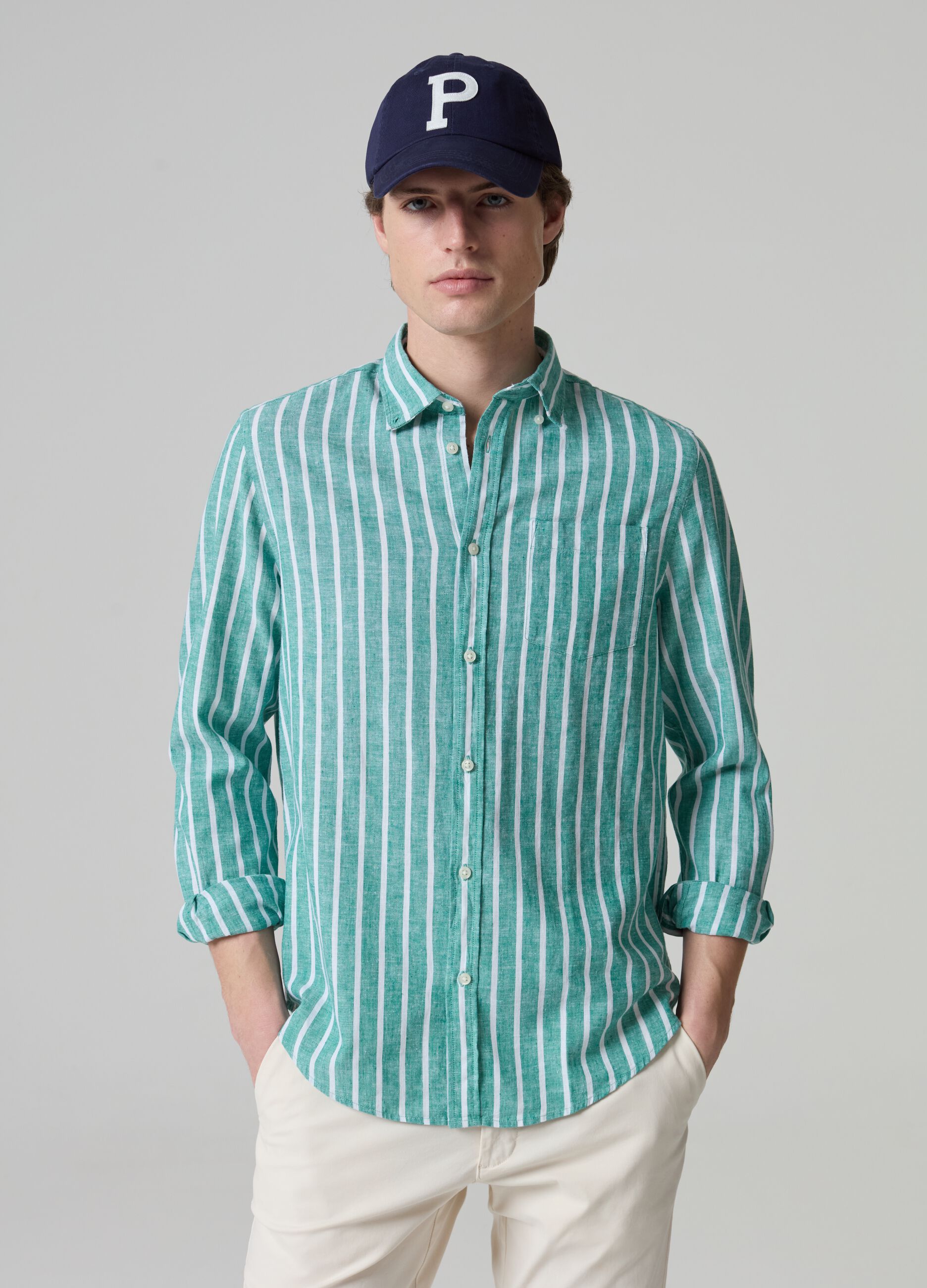 Stripe linen and cotton shirt with pocket_0