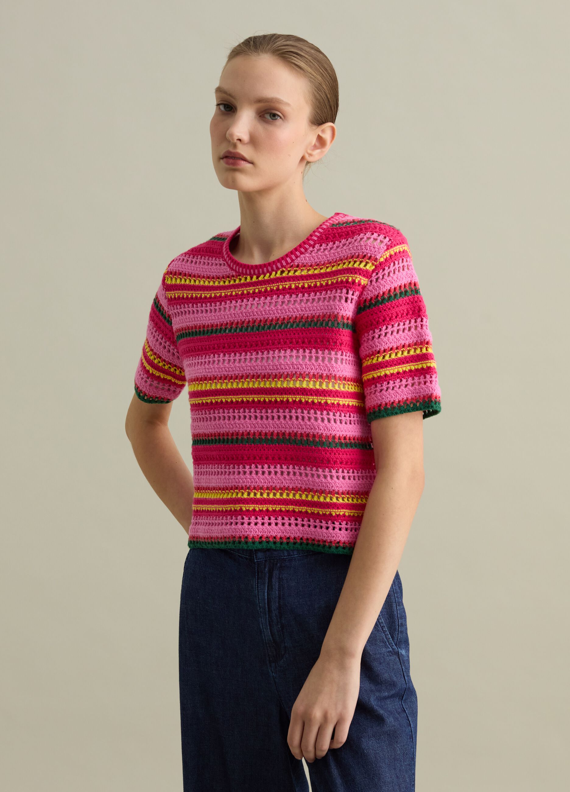Multicoloured striped crochet sweater