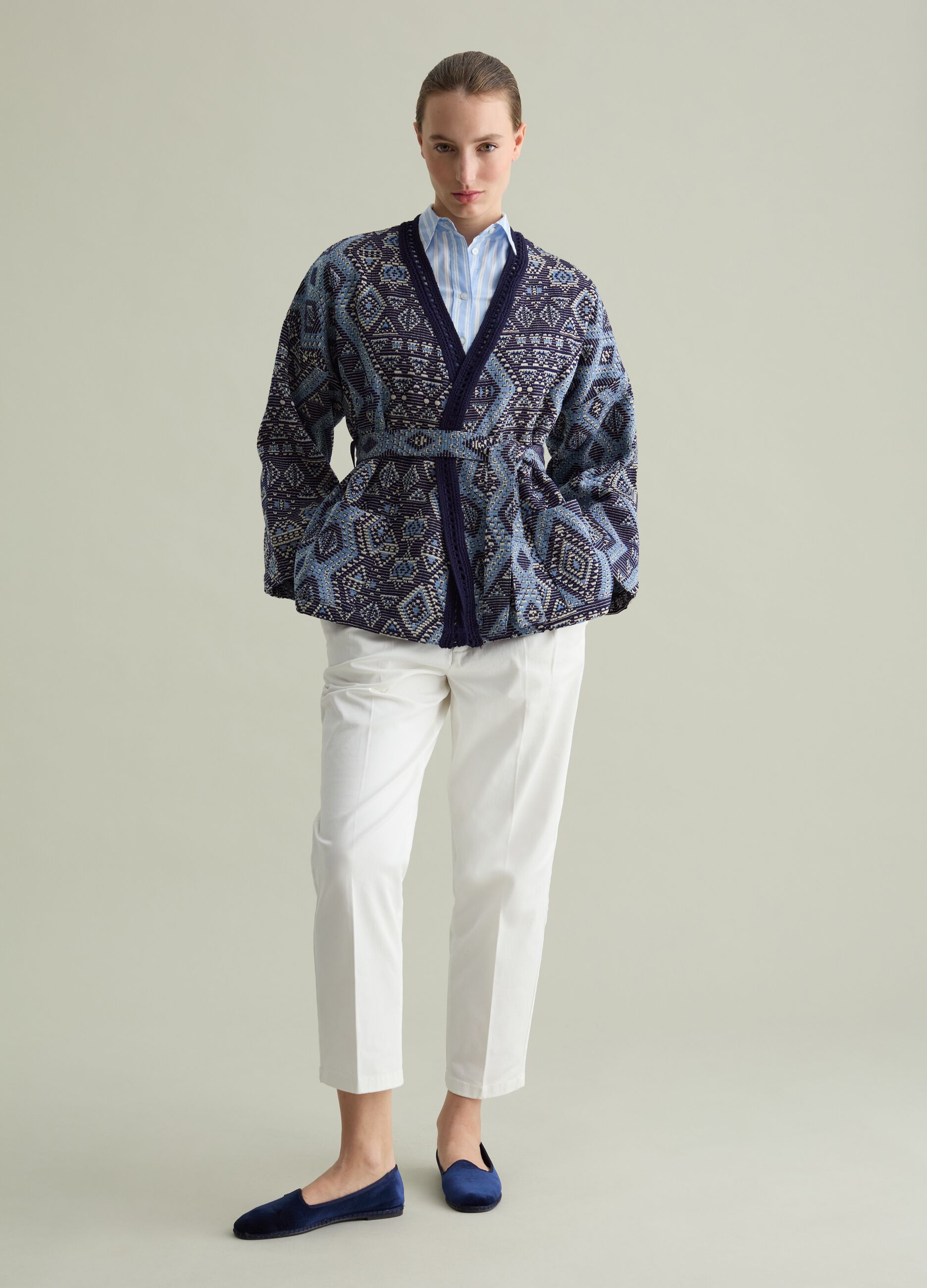 Kimono jacket with geometric jacquard pattern